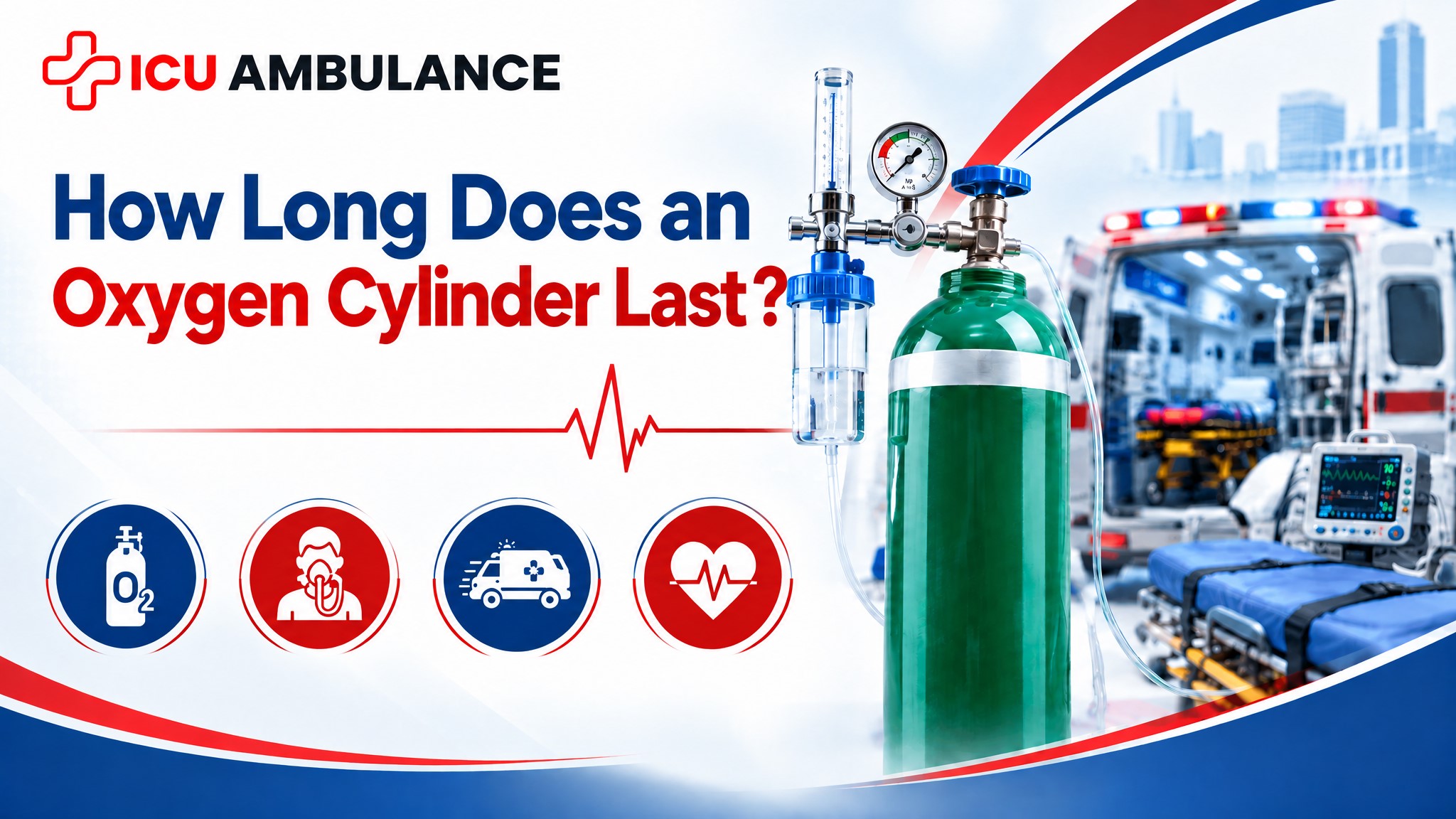 Oxygen cylinder with flow meter and ICU ambulance background illustrating how Long Does an Oxygen Cylinder Last